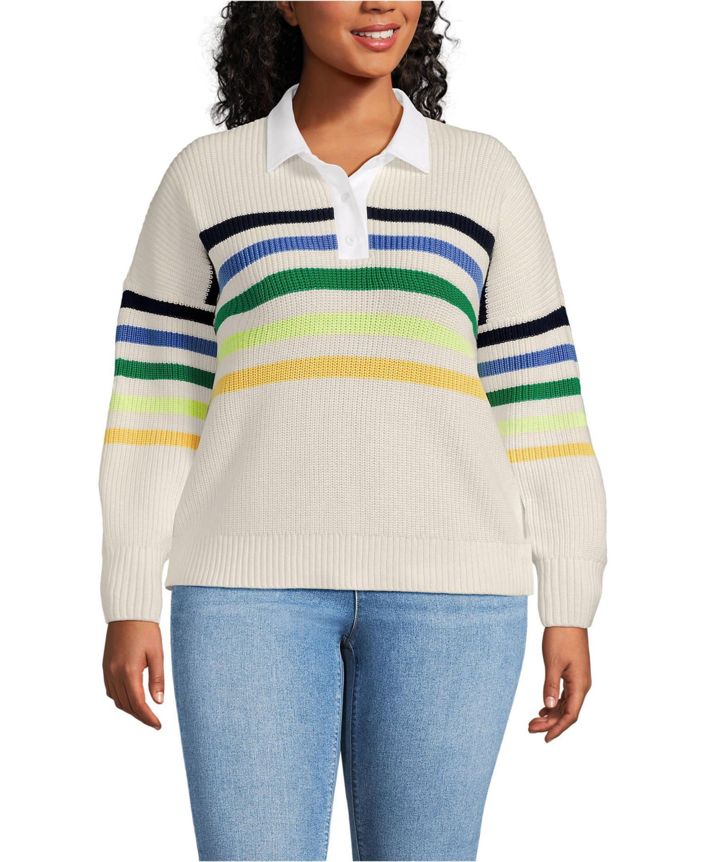 Женские рубашки Lands' End Plus Size Drifter Rugby with Woven Collar Sweater, цвет: Слоновая кость / Разноцветный полосатый — фото 1