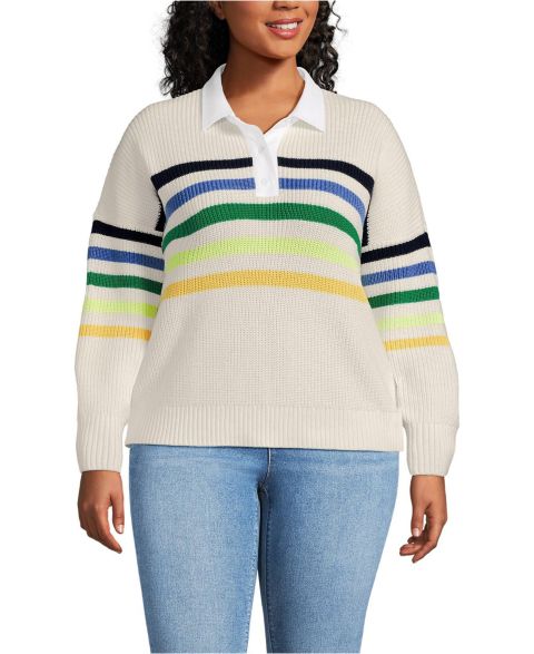 Женские рубашки Lands' End Plus Size Drifter Rugby with Woven Collar Sweater, цвет: Слоновая кость / Разноцветный полосатый
