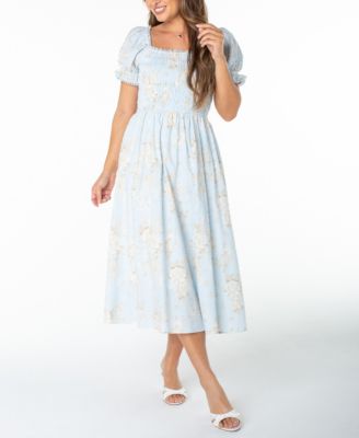 Juniors' Textured Floral Printed Puff-Sleeve Midi Dress