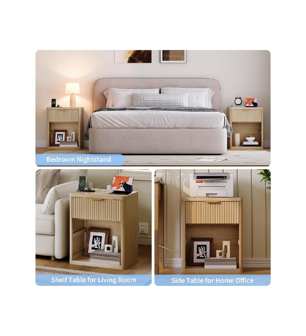 gaomon 1PC Natural Fluted Nightstand, Drawer Storage Bedside End Table with Usb Charging Station