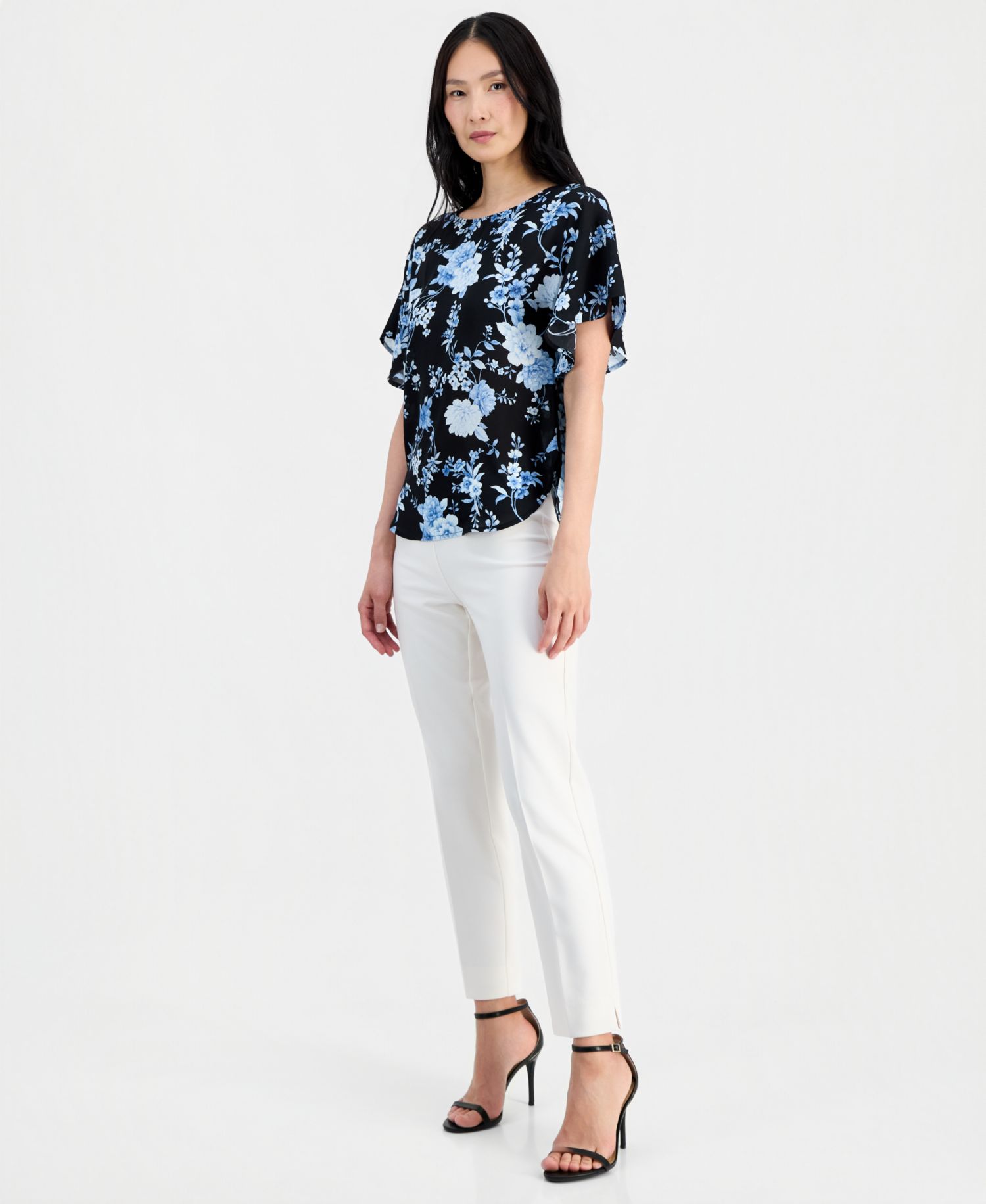Petite Flutter-Sleeve Bateau Neck Blouse