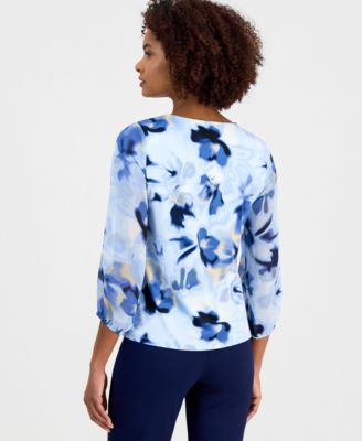 Women's Printed Cascade Ruffle-Front Top