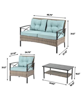 4 Piece PE Wicker Patio Furniture Set 2 Single Chairs 2 Seater Sofa with Black Metal Table Water UV Resistant Cushions