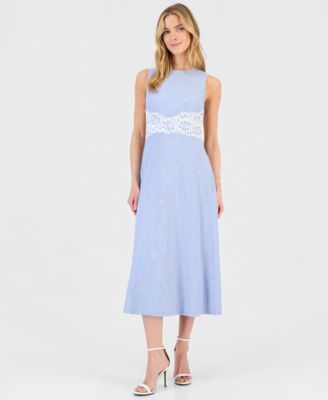 Women's Linen-Blend Lace-Trim A-Line Midi Dress