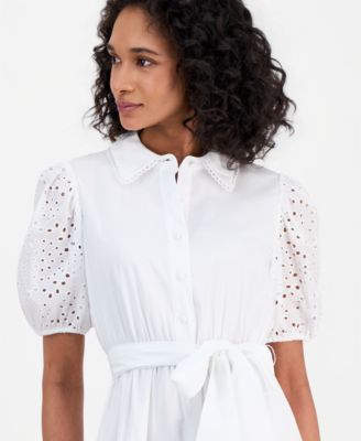 Women's Puff-Sleeve Midi Eyelet Shirtdress