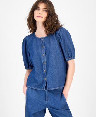 Women's Cotton Gathered Button-Front Denim Blouse