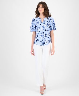 Women's Pleated Printed Bell-Sleeve Top