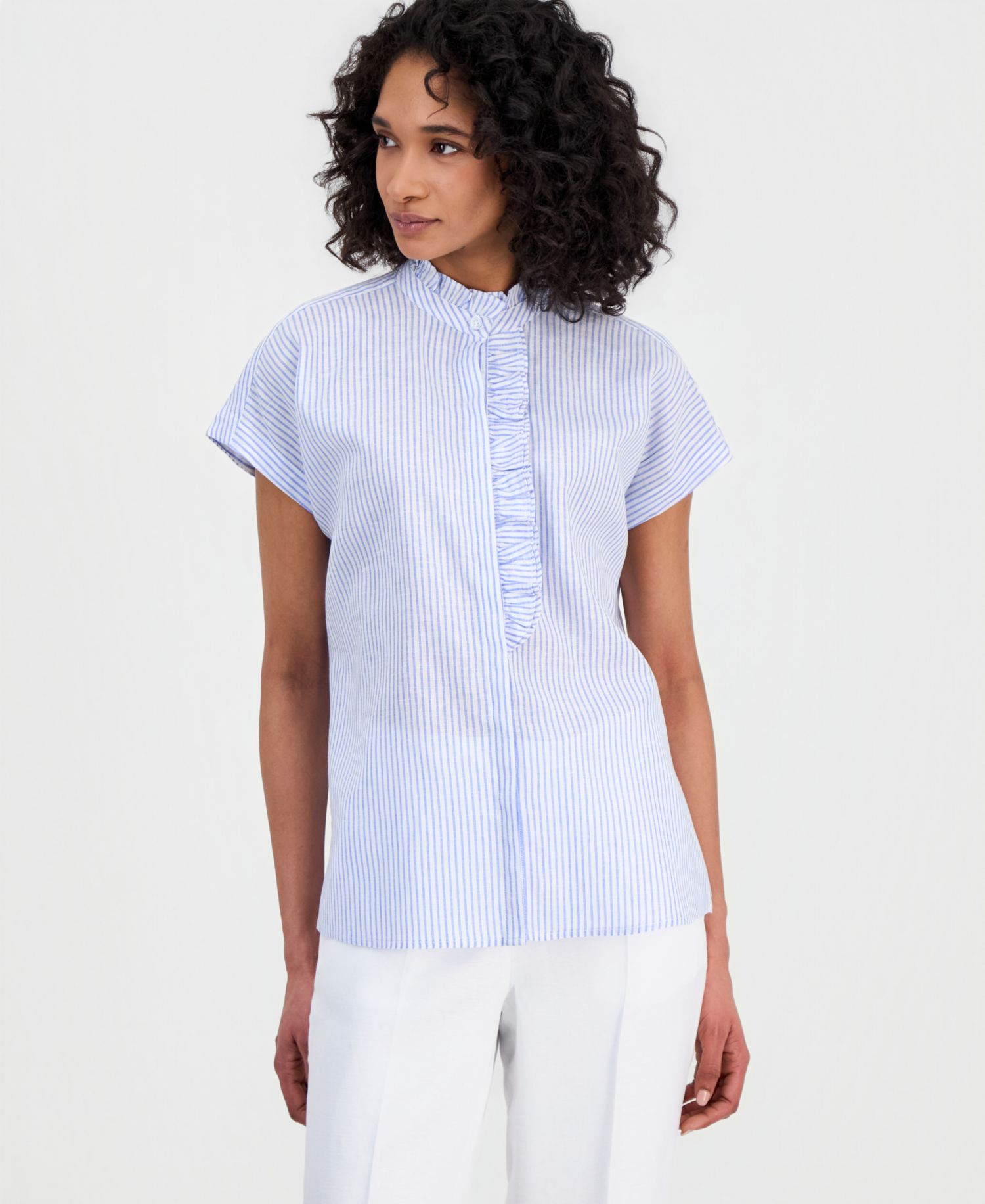 Petite Striped Ruffled-Neck Button-Front Blouse
