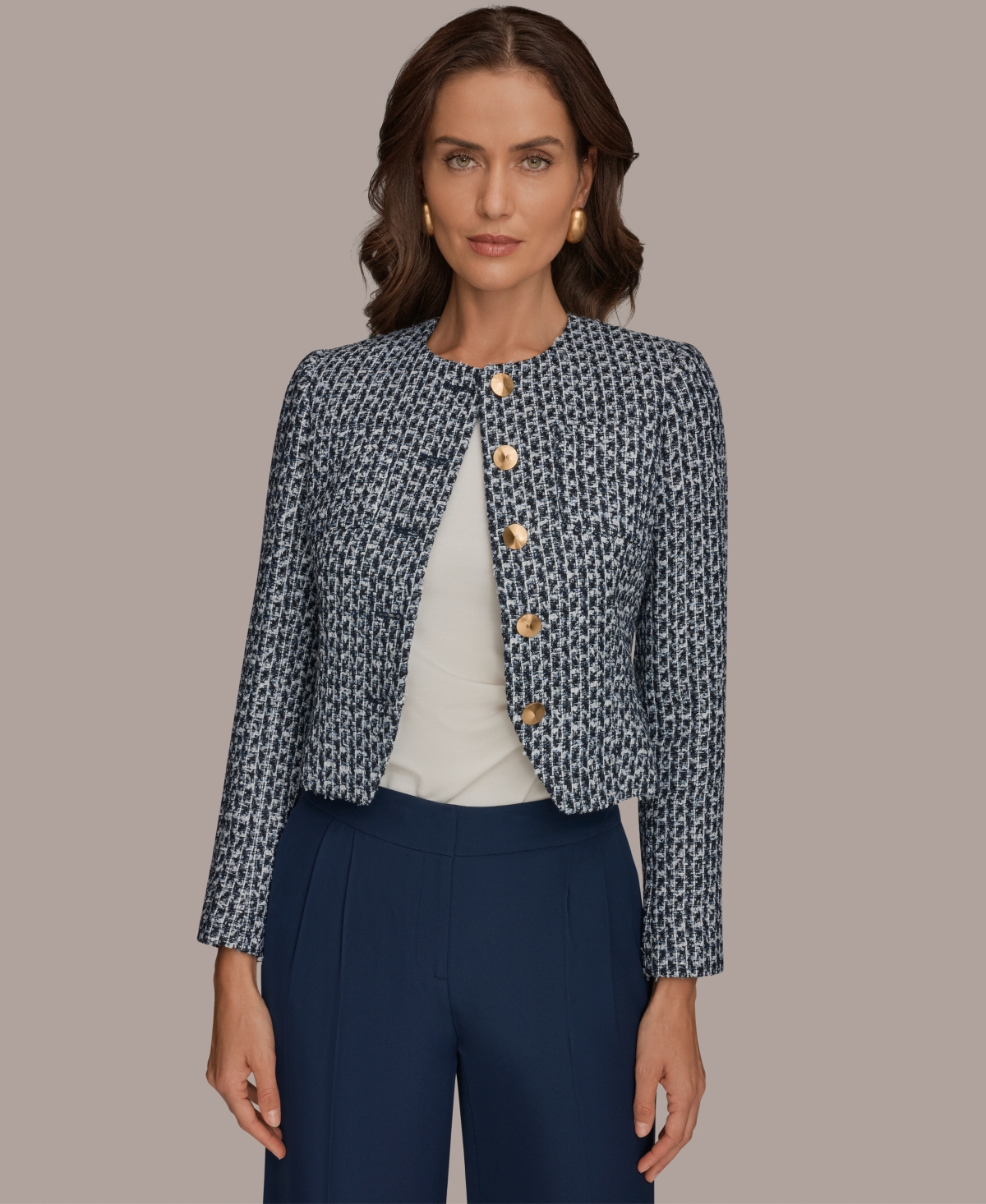 Donna Karan New York Petite Crewneck 5-Button Cropped Jacket
