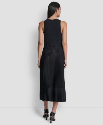 Women's Pleated Crewneck Window Pane Dress