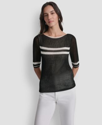 Women's Boat Neck Elbow-Sleeve Stripe Sweater