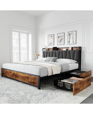 King Bed Frame with Storage Linen Upholstered Headboard, 4 Storage Drawers