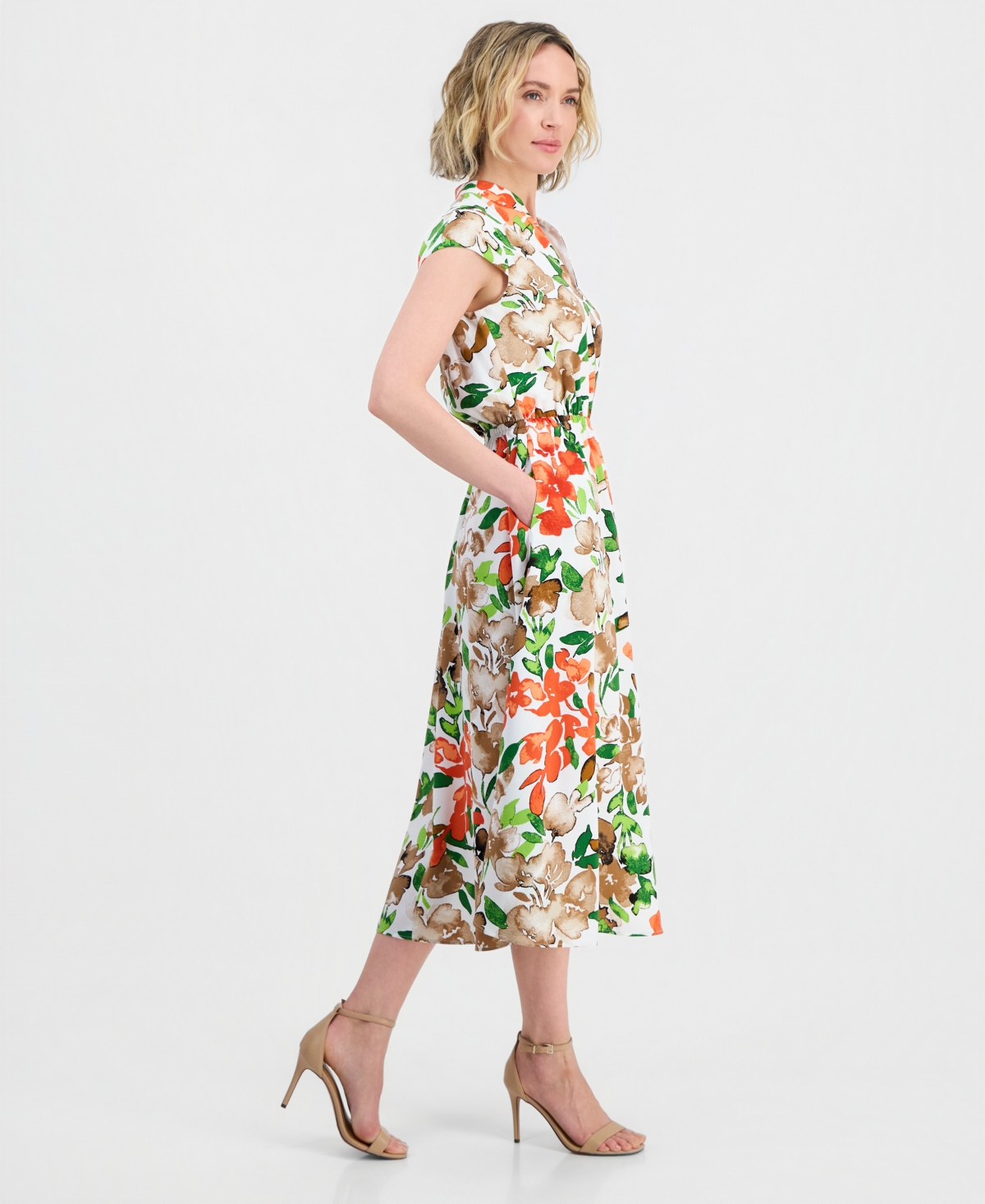 Kasper Women's Cap-Sleeve Drawstring Midi Dress