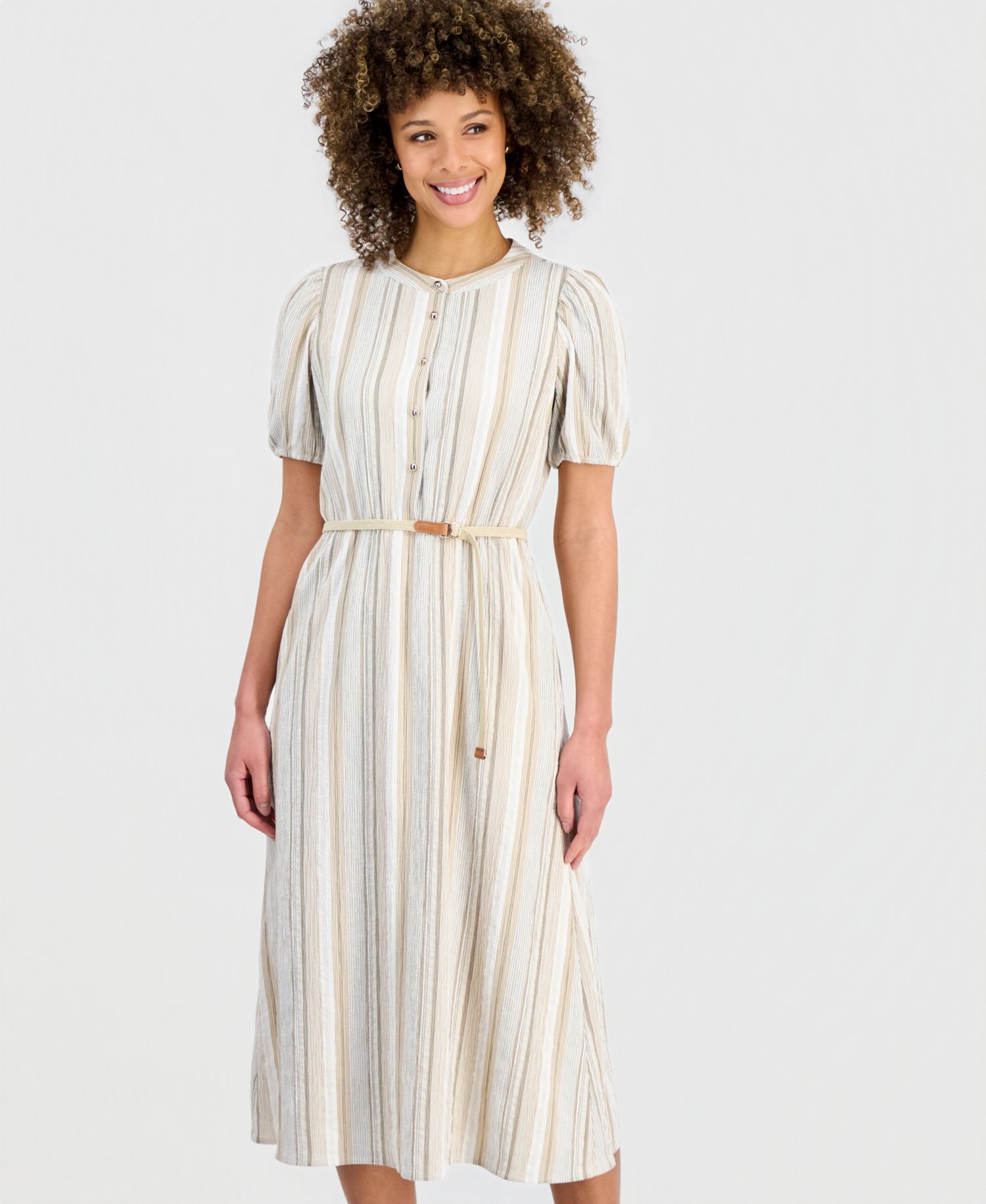 Petite Striped Puff-Sleeve Midi Shirtdress
