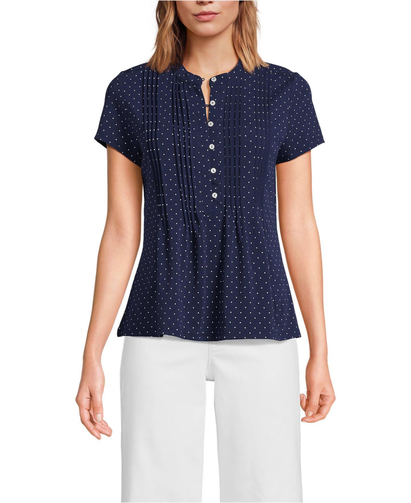 Женский топ Lands' End Petite Lightweight Jersey Button Pintuck, цвет: Морской тёмно-синий — фото 1
