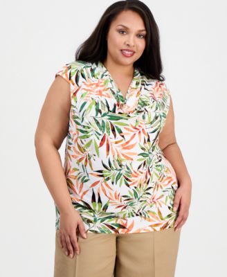 Plus Size Printed Cowl-Neck Cap-Sleeve Blouse 