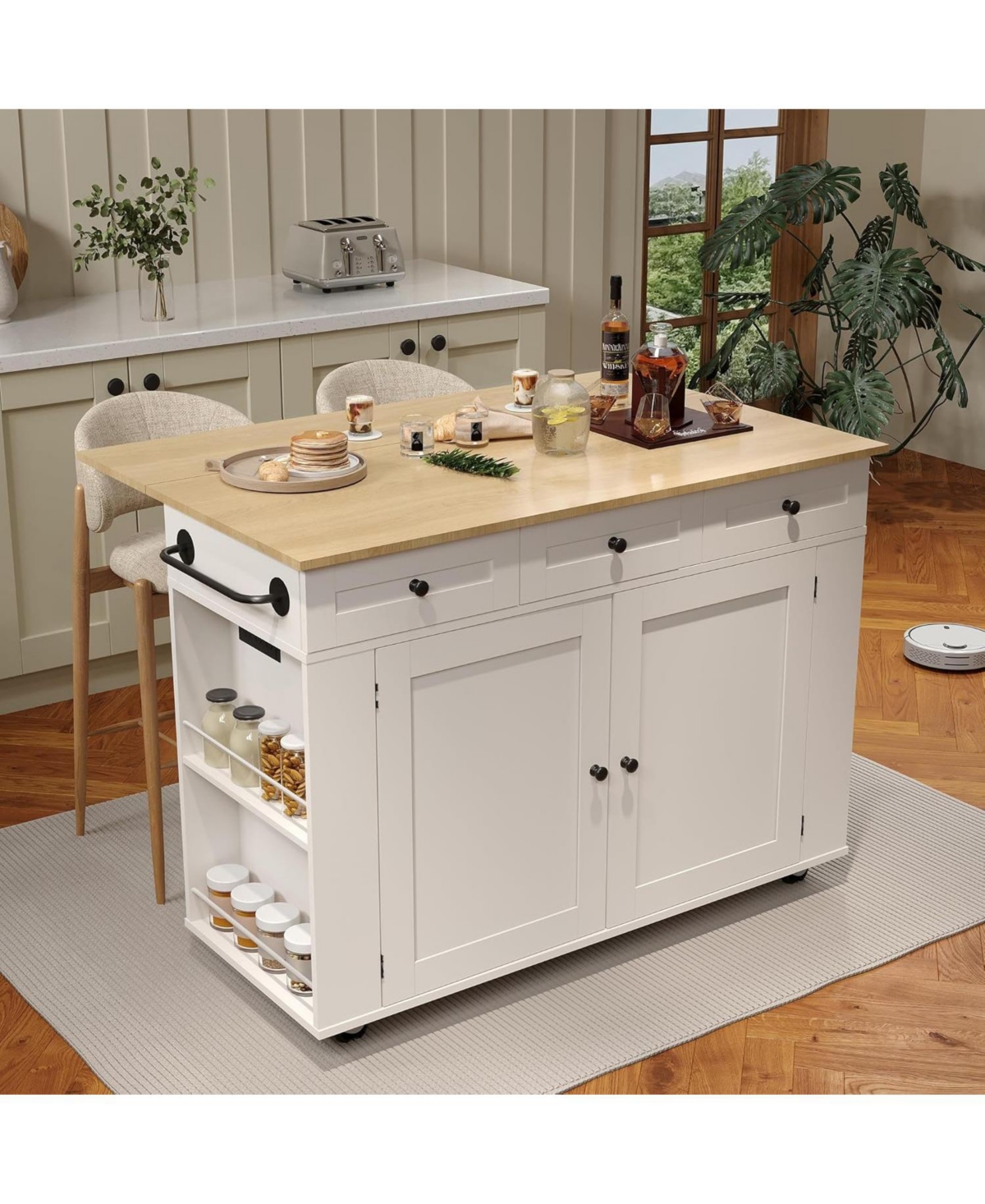 gaomon Rolling Kitchen Island with Drop Leaf Countertop, Charging Station & Ample Storage- 47.2 in Mobile Kitchen Cart On Wheels with Pull-Out Shelves