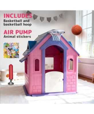 Large Kids Playhouse for Indoor Outdoor with Basketball Ring Toss Play and DIY Stickers for Girls Boys Ages 2