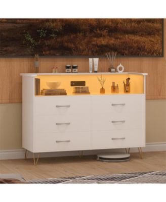 gaomon - 6 Drawer Dressers for Bedroom,Dresser with LED Lights Power Outlet,6-Drawer Wooden Chest with 2-Tier Open Shelf White