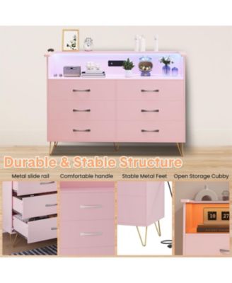 6 Drawer Dressers for Bedroom,Dresser with LED Lights Power Outlet,6-Drawer Wooden Chest with 2-Tier Open Shelf