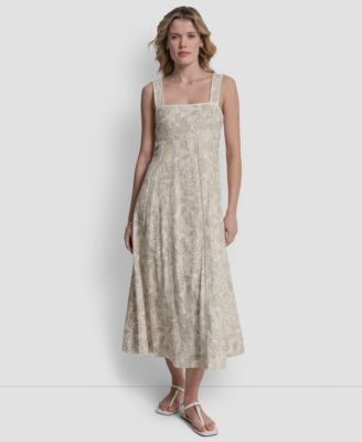 Women's Seamed Linen-Blend Tank Square Neck Dress