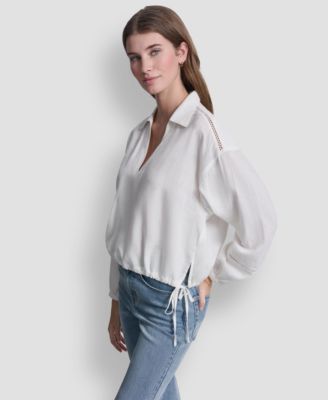 Women's Cropped Long-Sleeve V-Neck Shirt