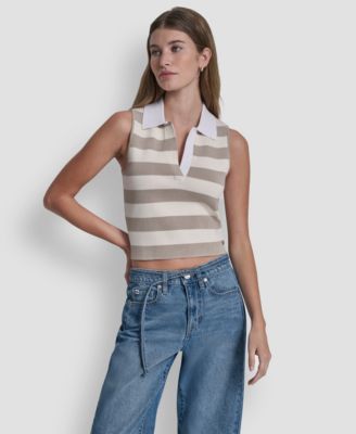 Women's Striped Sleeveless Polo Sweater