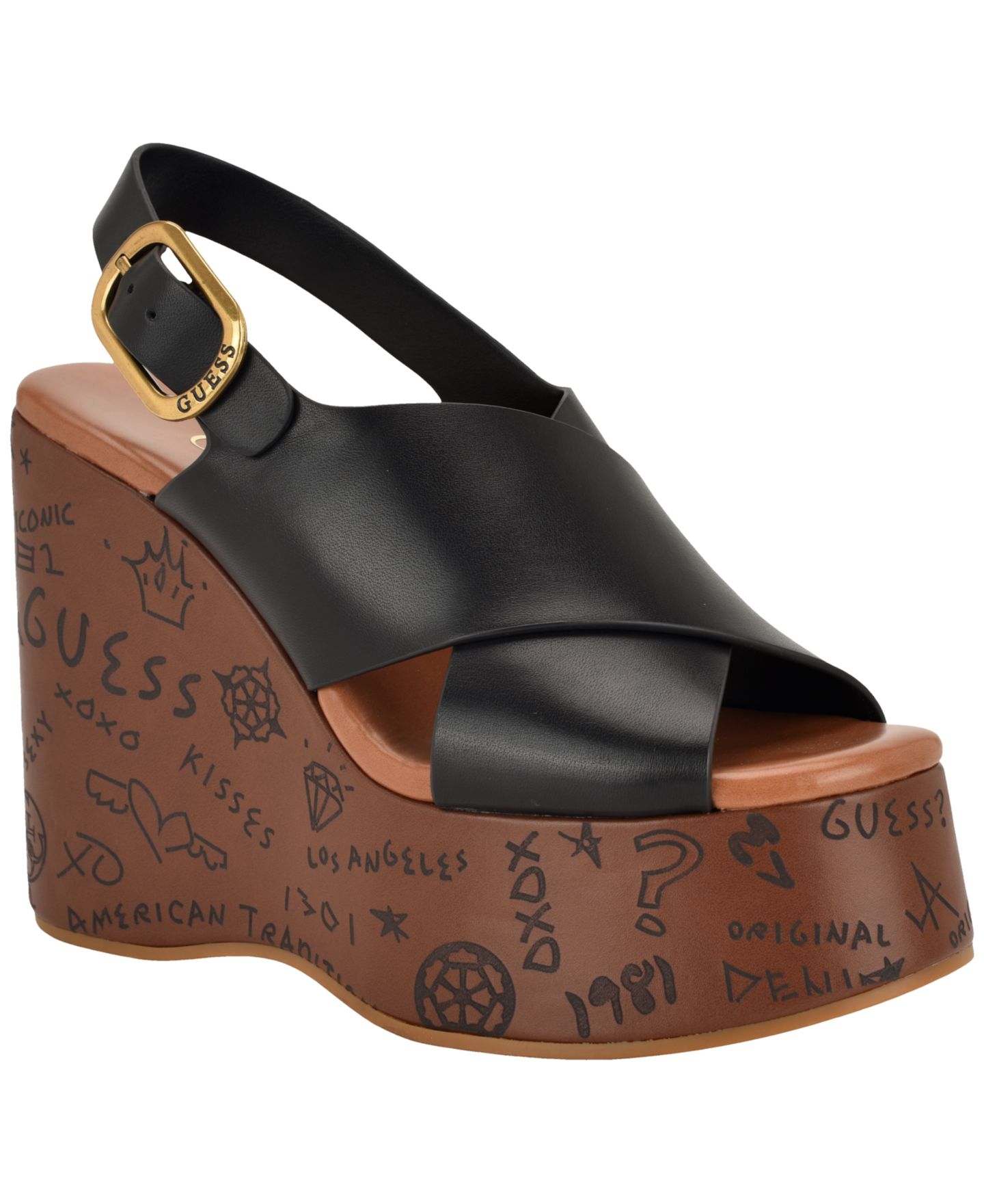 Женские сандалии GUESS Yarisel Logo-Embossed High Platform Wedge, цвет: Чёрный — фото 1