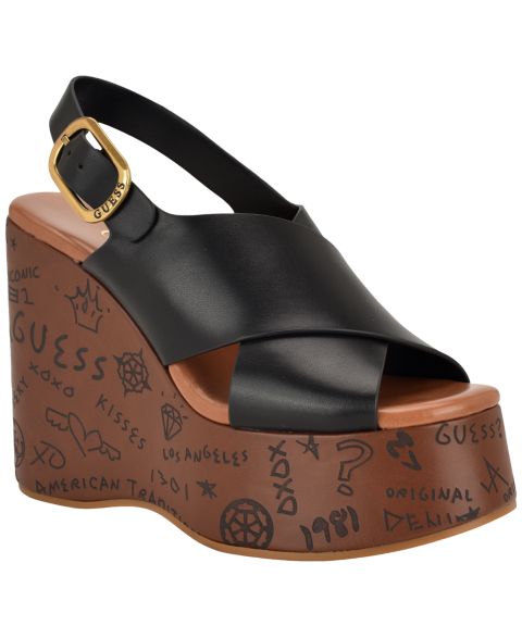 Женские сандалии GUESS Yarisel Logo-Embossed High Platform Wedge, цвет: Чёрный