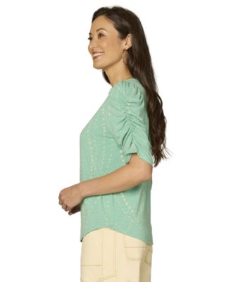 Petite Printed Ruched-Sleeve Scoop-Neck Top