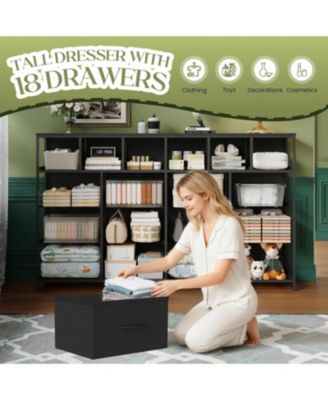 18 Drawer Long Dresser with Fabric Drawers, Sturdy Metal Frame, PU Handles, Spacious Storage Cabinet for Bedroom, Living Room, or Entryway