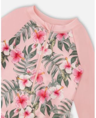 Girls One-Piece Long Sleeve Rashguard Pink Hibiscus Print