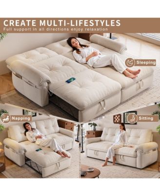 Multifunctional Sofa Bed, 77-inch Modern Velvet Fabric Convertible Sofa Couches, 2-in-1 Pull Out Sofa Bed with USB Charger, Beige