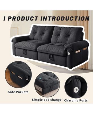 Multifunctional Sofa Bed, 77-inch Modern Velvet Fabric Convertible Sofa Couches, 2-in-1 Pull Out Sofa Bed with USB Charger, Beige