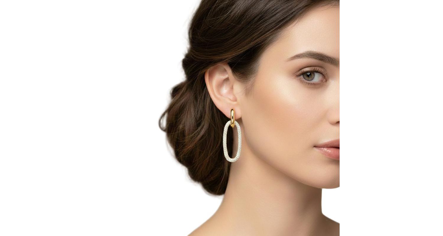 Elegant Cubic Zirconia Encrusted Oval Hoop Drop Earrings