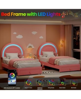 Twin LED Bed Frame with Storage Drawer, Rainbow Headboard, Fleece Princess Platform for Kids, Wood Slats, No Box Spring, Pink
