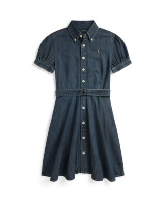 Girls' 7-16 Belted Indigo Button-Down Collar Denim Shirtdress