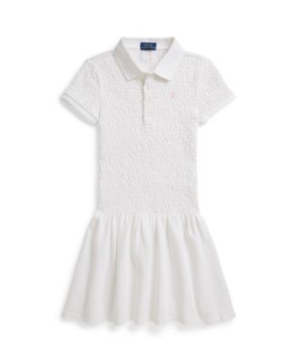 Girls' 7-16 Smocked Stretch Mesh Four-Button Placket Polo Dress