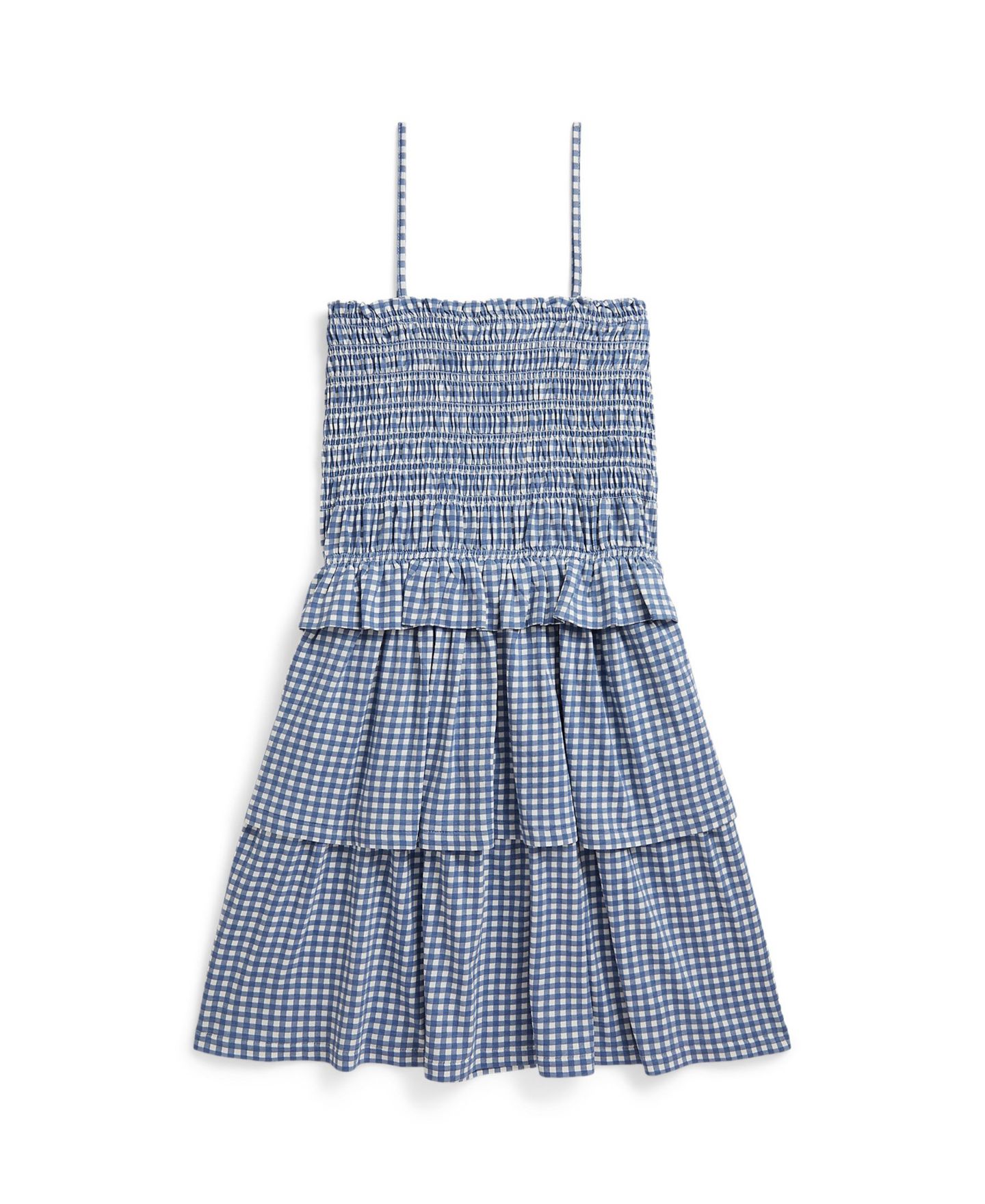 Платье Polo Ralph Lauren Plaid Smocked Straight Neck Jersey Dress для девочек, цвет: Синий в мелкую клетку — фото 6