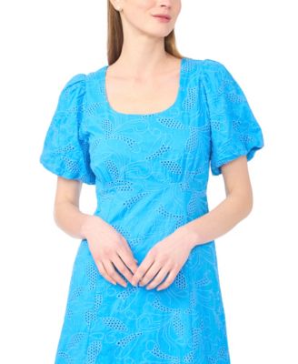 Women's Bubble Sleeve Scoop Neck Eyelet Midi Dress