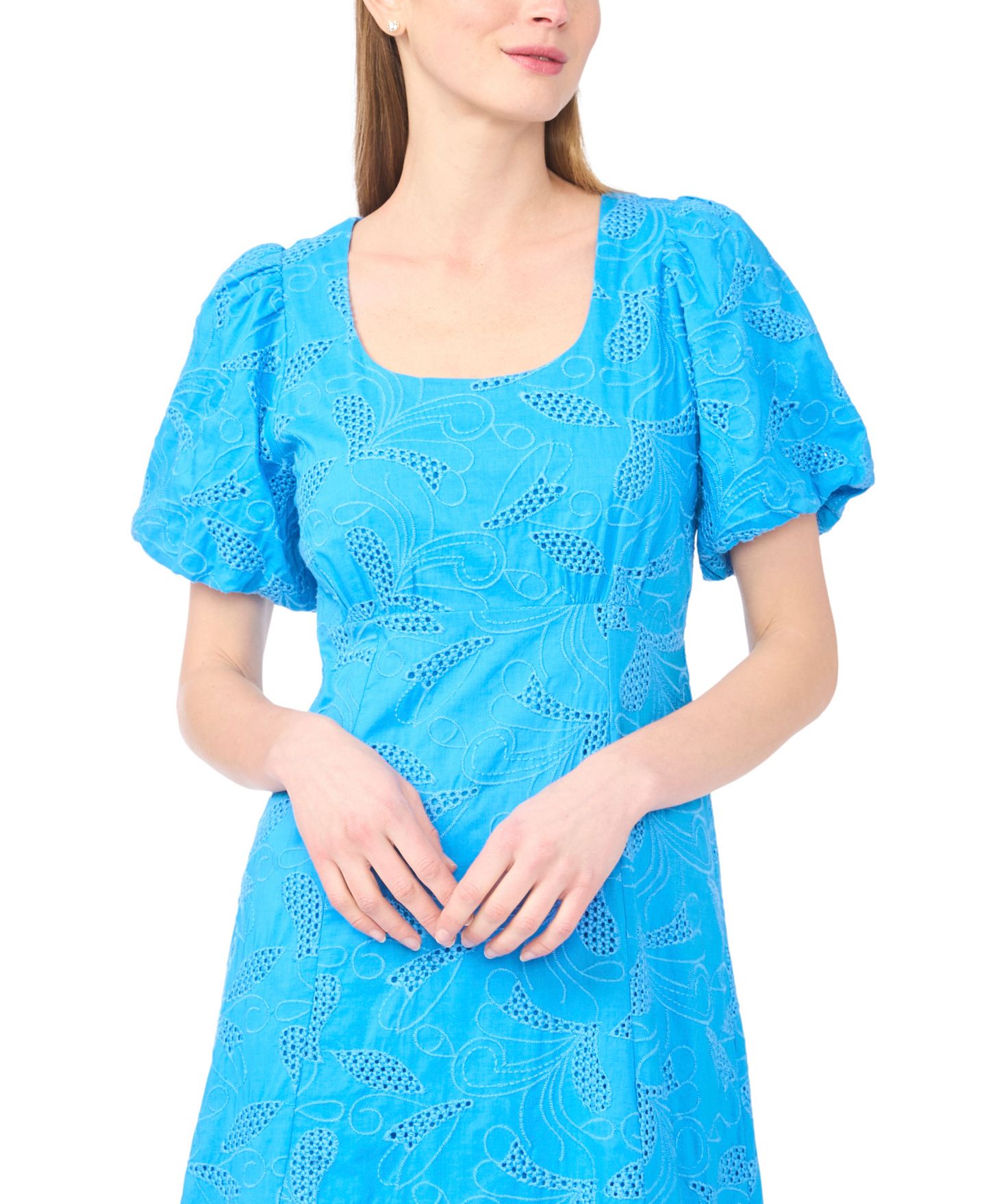 Женское платье CeCe Bubble-Sleeve Scoop Neck Eyelet Midi, цвет: Синий — фото 2