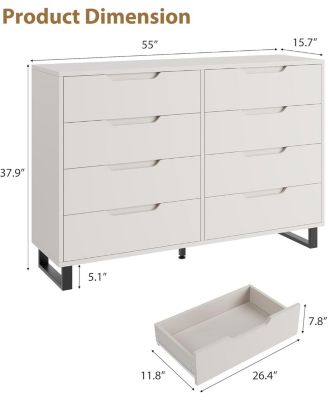 Farmhouse TV Stand with 8 Drawers, 55" Wide Entertainment Center for TVs up to 75 Inch with Metal Legs
