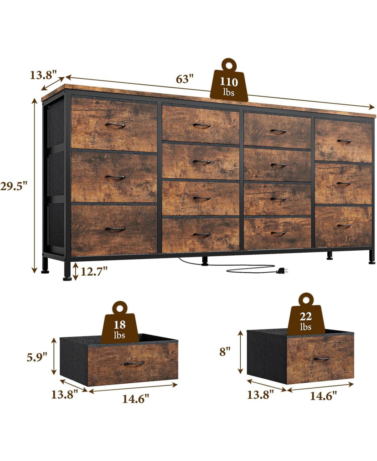 gaomon 63" W Dresser Tv Stand for 65 70 75 Inch Tv, 14 Drawer Bedroom with Power Outlets, Large Long Fabric Entertainment