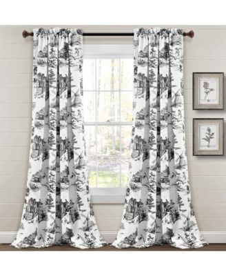 French Country Toile Light Filtering Window Curtain Panels Pair 52"W x 84" +2" White & Charcoal - Vintage Curtains for Living Room