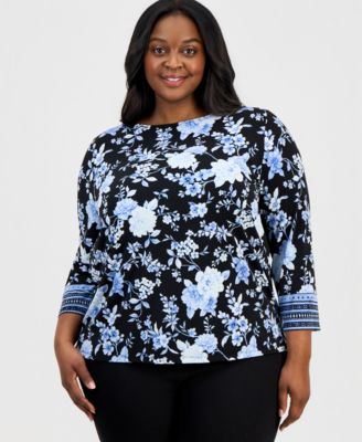 Plus Size 3/4-Sleeve Contrast-Cuff Top