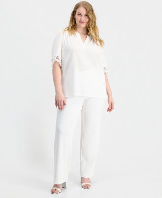 Plus Size Split-Neck Lace-Trim Elbow-Sleeve Top