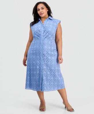 Plus Size Eyelet-Embroidered Sleeveless Shirtdress