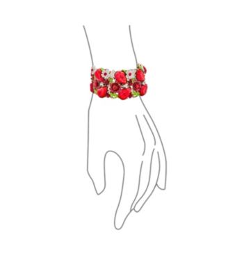 Fashion Red Pink Crystal 3D Floral Wide Cuff Statement Bracelet Flexible Hinge Design