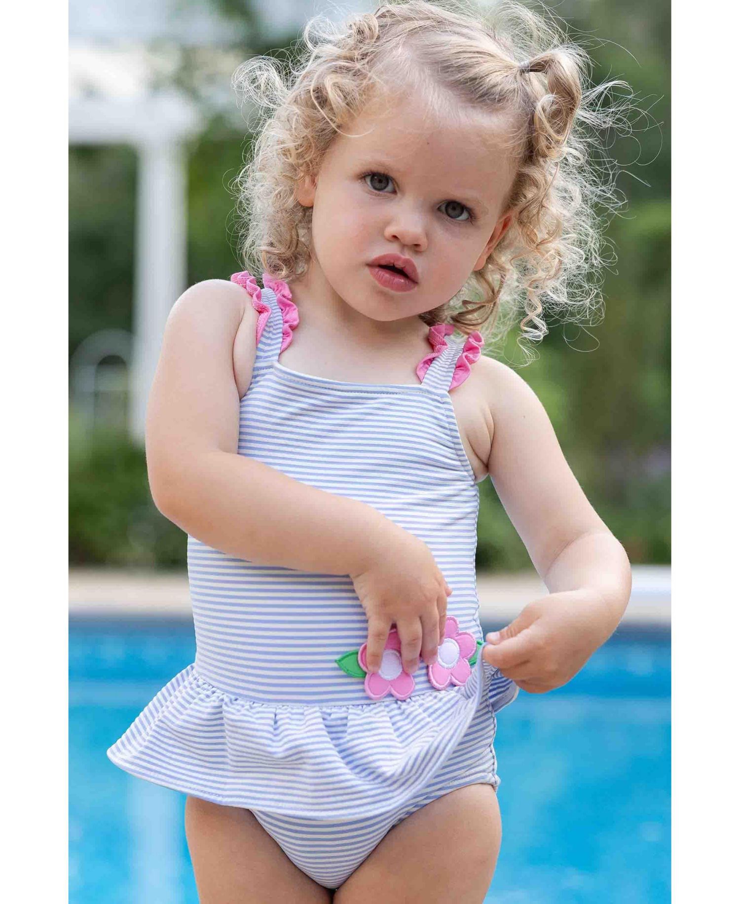 Little Girls Seersucker Swimsuit With Flowers