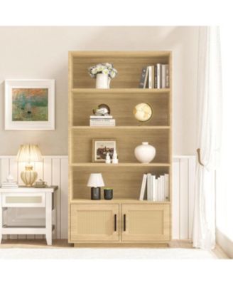 5 Tier Bookshelf, Boho Bookcase with Rattan Doors, Wooden Bookcase and Bookshelf with Storage, Tall Book Stand, Large Bookshelf for Living Room